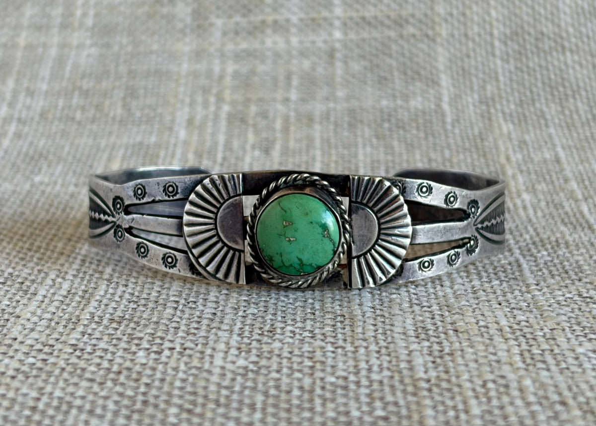 Vintage Fred Harvey Era Green Turquoise and Sterling Silver Navajo Style Cuff Bracelet