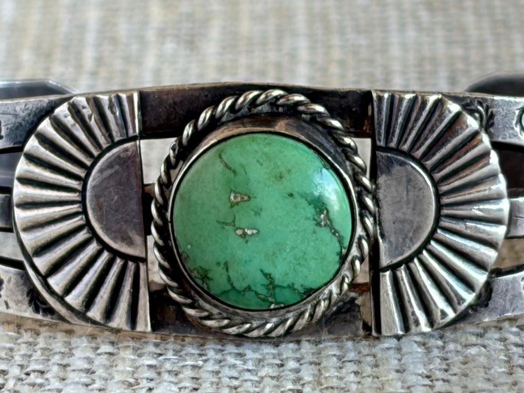 Vintage Fred Harvey Era Green Turquoise and Sterling Silver Navajo Style Cuff Bracelet