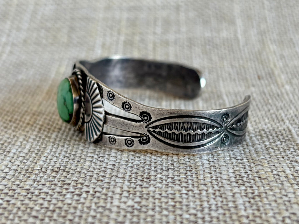 Vintage Fred Harvey Era Green Turquoise and Sterling Silver Navajo Style Cuff Bracelet