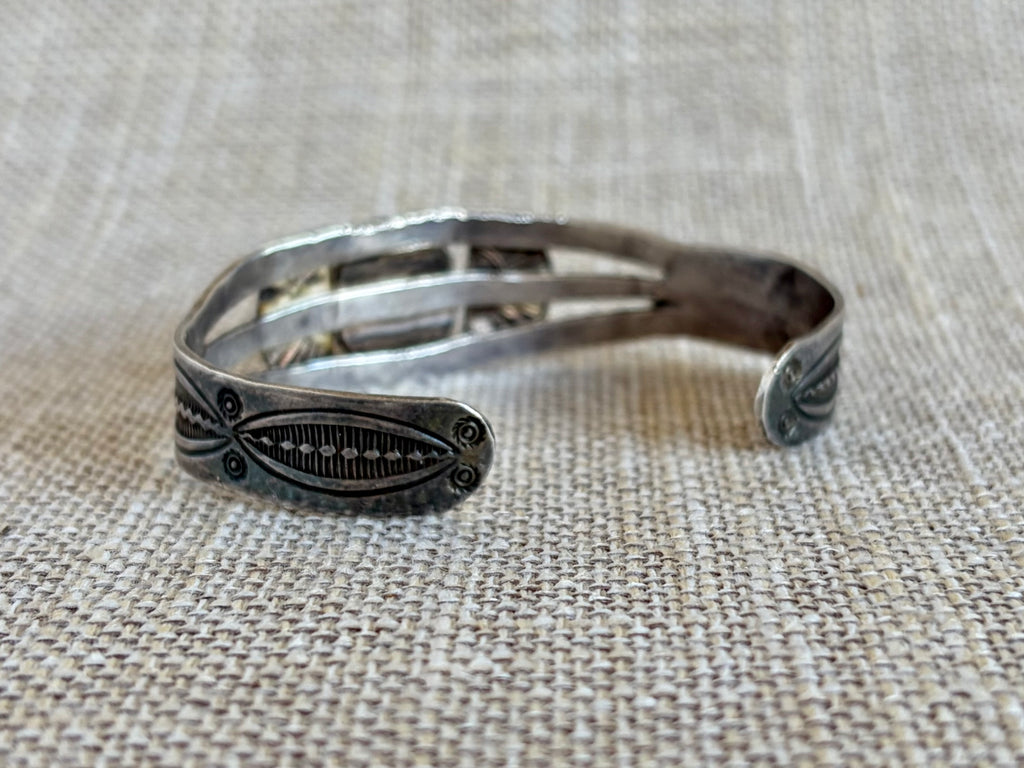 Vintage Fred Harvey Era Green Turquoise and Sterling Silver Navajo Style Cuff Bracelet