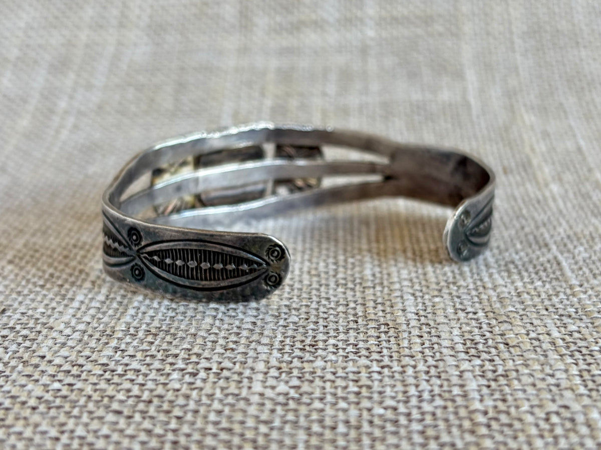 Vintage Fred Harvey Era Green Turquoise and Sterling Silver Navajo Style Cuff Bracelet