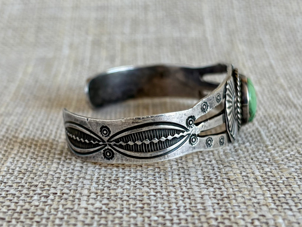 Vintage Fred Harvey Era Green Turquoise and Sterling Silver Navajo Style Cuff Bracelet