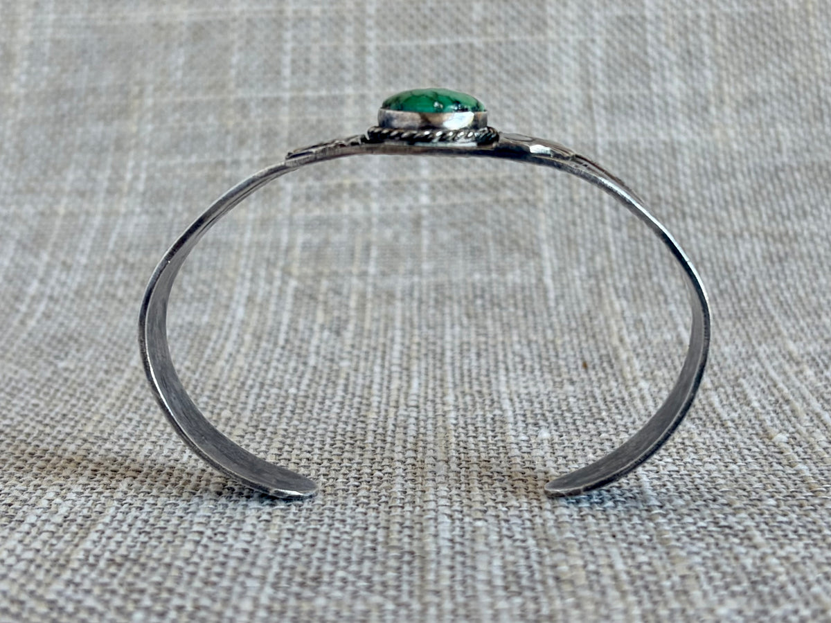 Vintage Fred Harvey Era Green Turquoise and Sterling Silver Navajo Style Cuff Bracelet