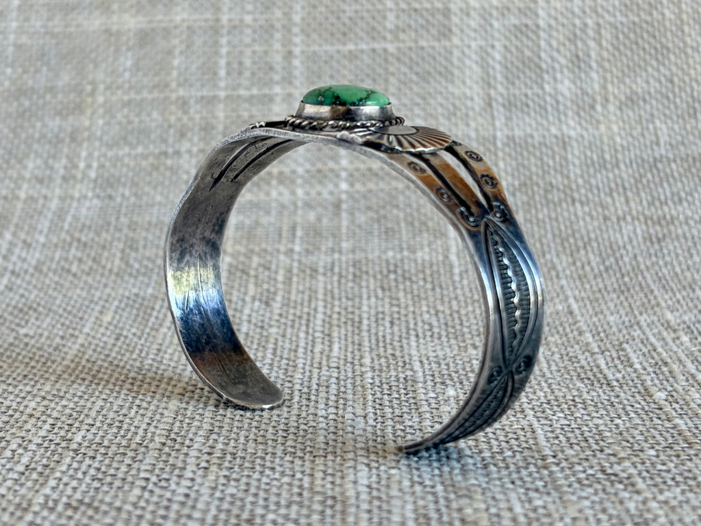 Vintage Fred Harvey Era Green Turquoise and Sterling Silver Navajo Style Cuff Bracelet