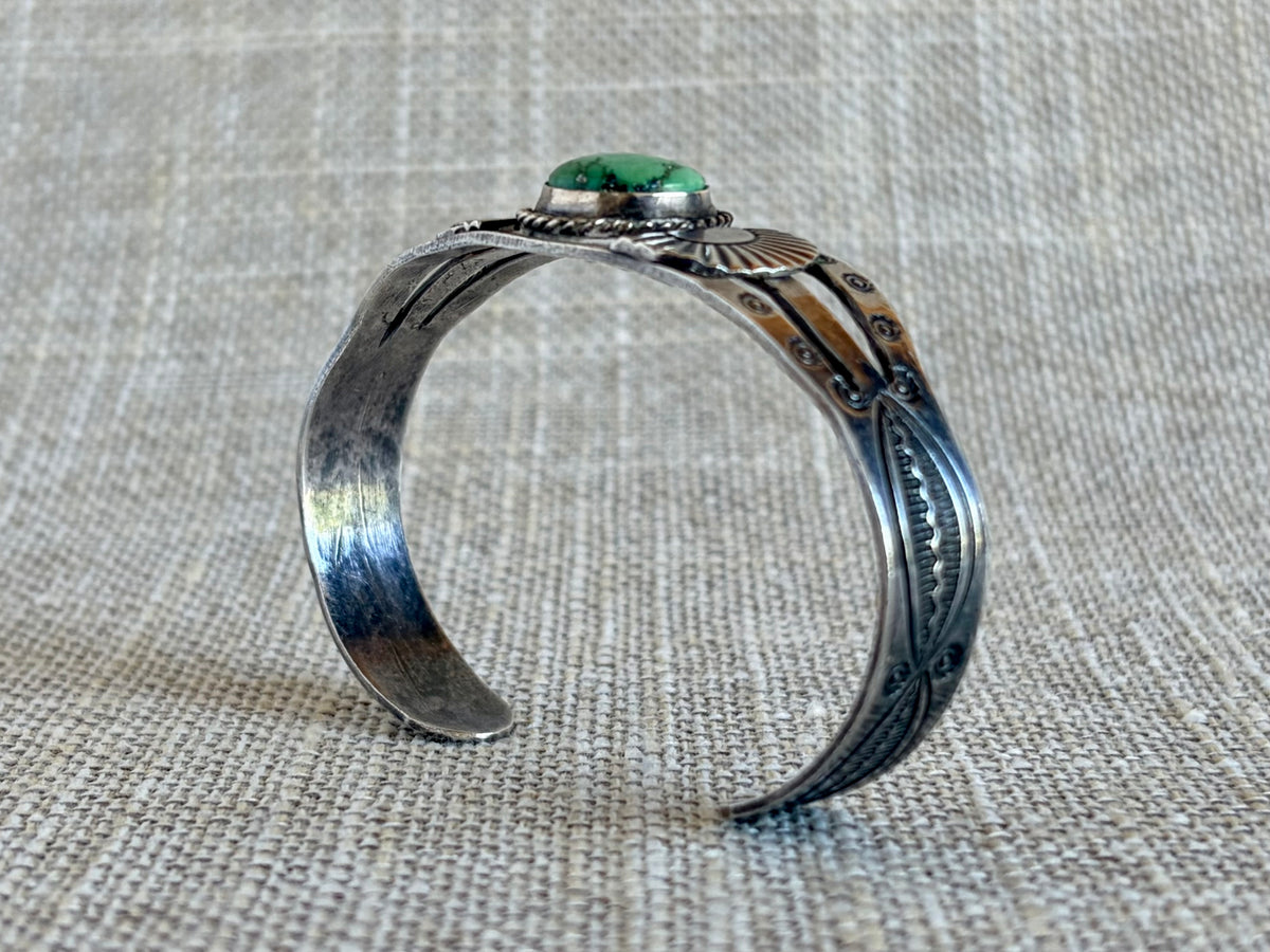 Vintage Fred Harvey Era Green Turquoise and Sterling Silver Navajo Style Cuff Bracelet