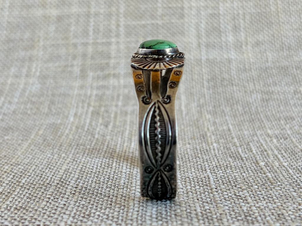 Vintage Fred Harvey Era Green Turquoise and Sterling Silver Navajo Style Cuff Bracelet
