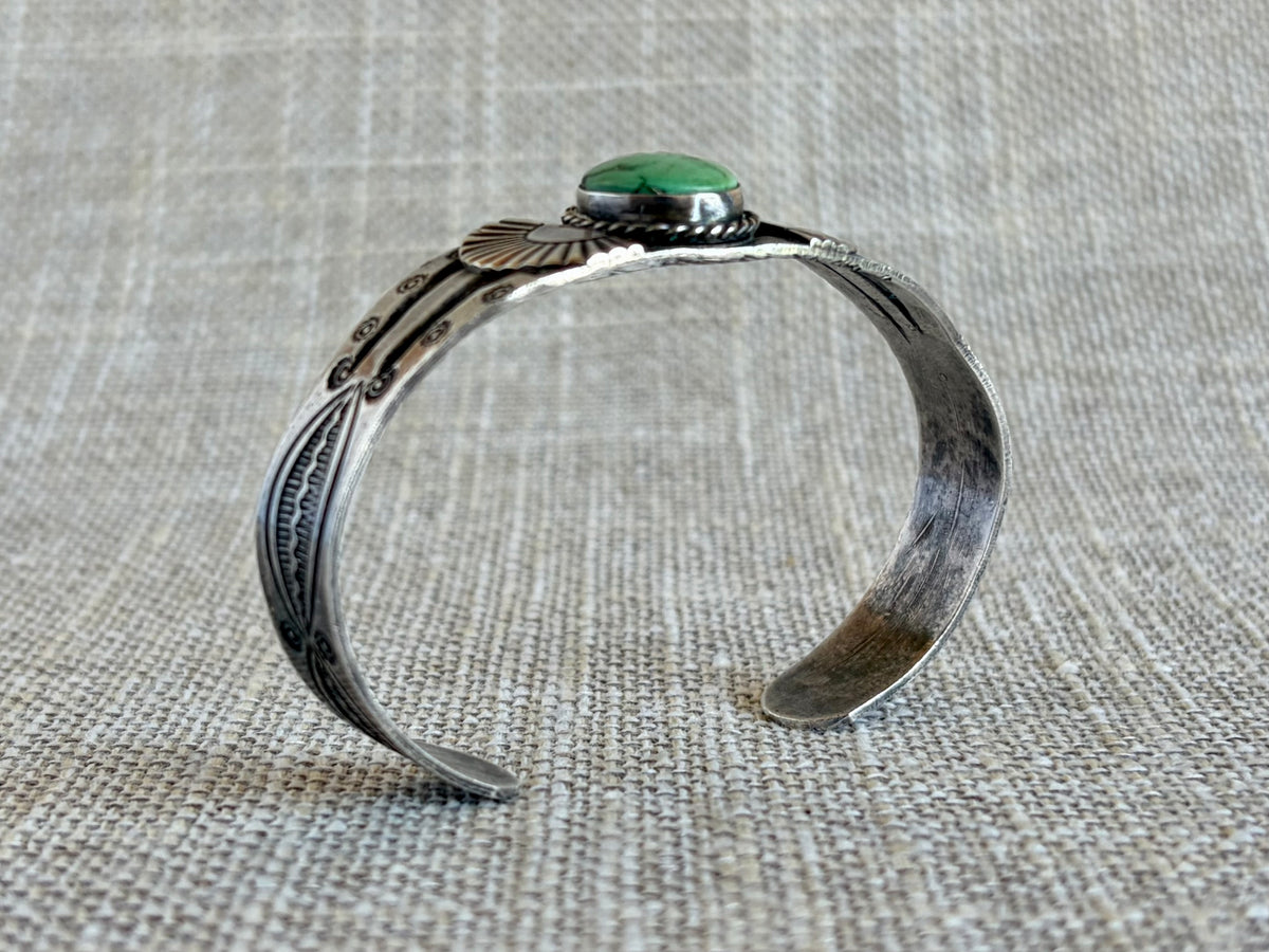 Vintage Fred Harvey Era Green Turquoise and Sterling Silver Navajo Style Cuff Bracelet