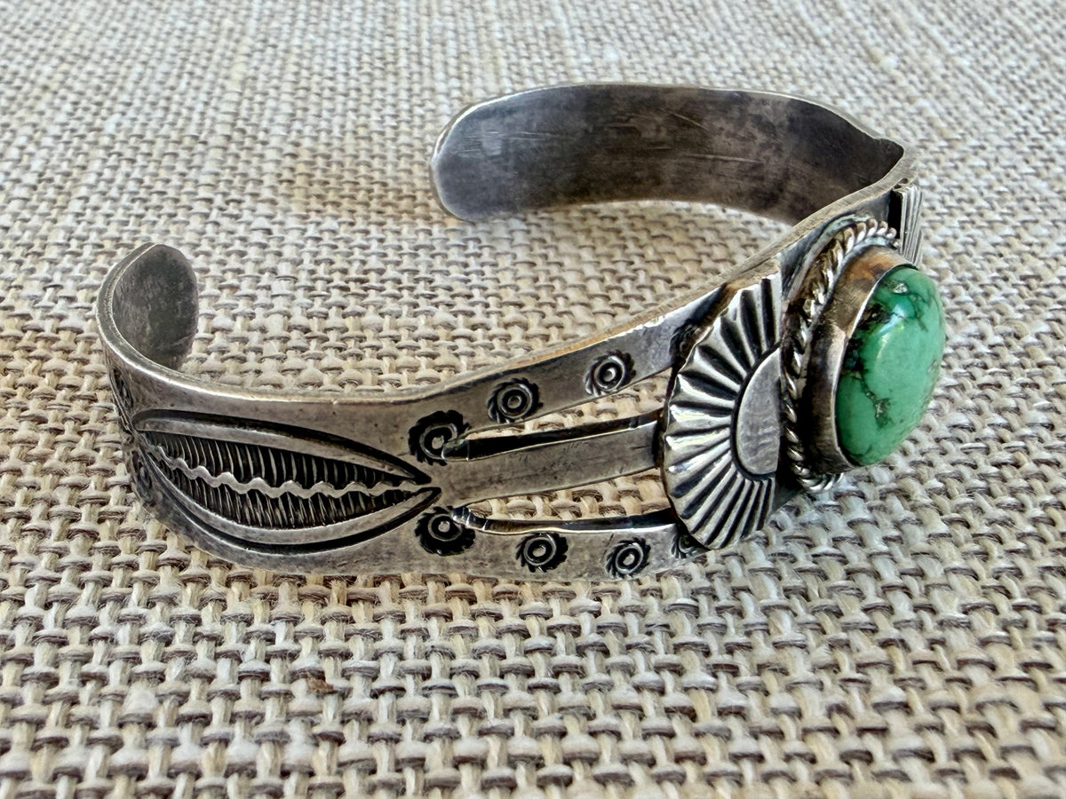Vintage Fred Harvey Era Green Turquoise and Sterling Silver Navajo Style Cuff Bracelet