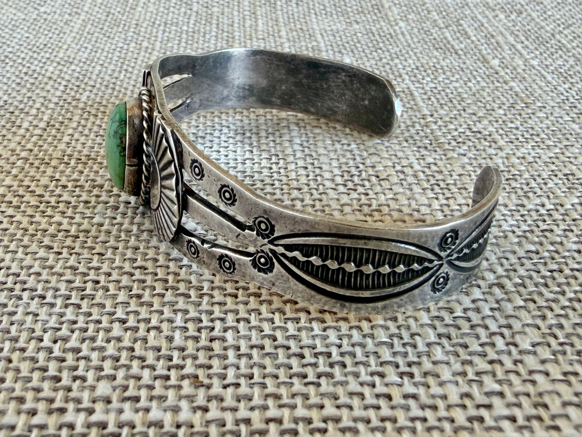 Vintage Fred Harvey Era Green Turquoise and Sterling Silver Navajo Style Cuff Bracelet