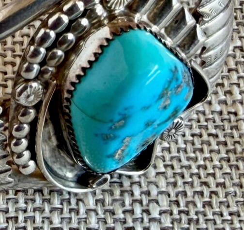 Vintage Natural Turquoise and Sterling Silver Cuff Bracelet Stamped E NUE