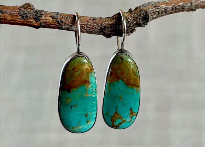 Blue Green Turquoise and Sterling Silver Drop Earrings