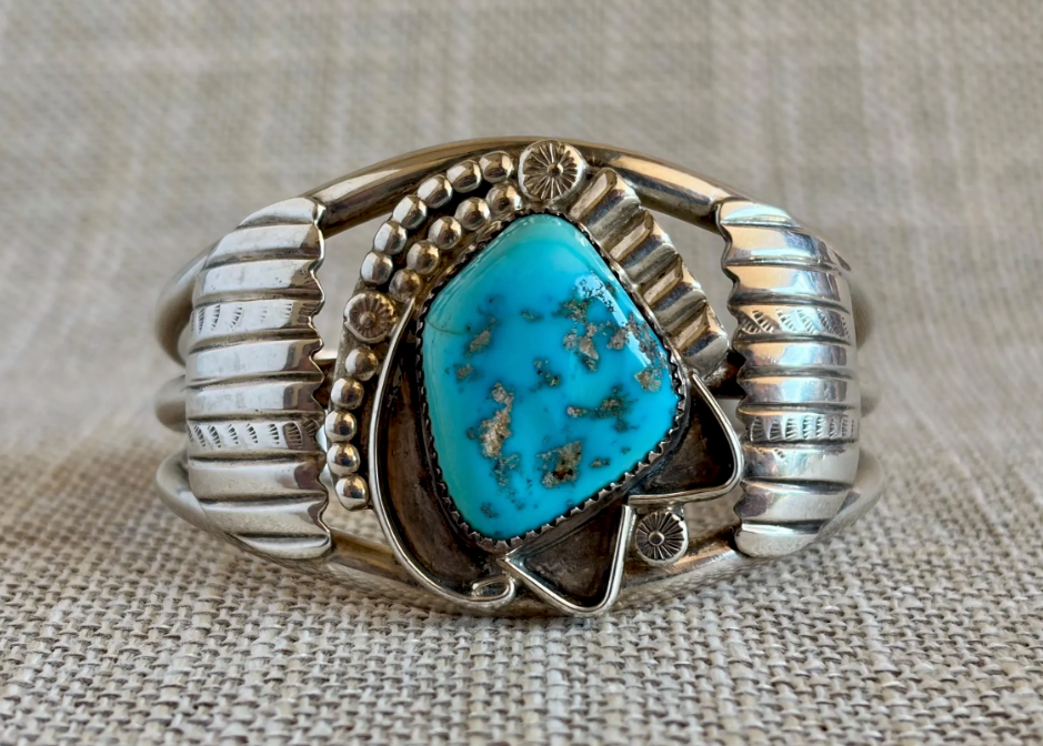Vintage Natural Turquoise and Sterling Silver Cuff Bracelet Stamped E NUE