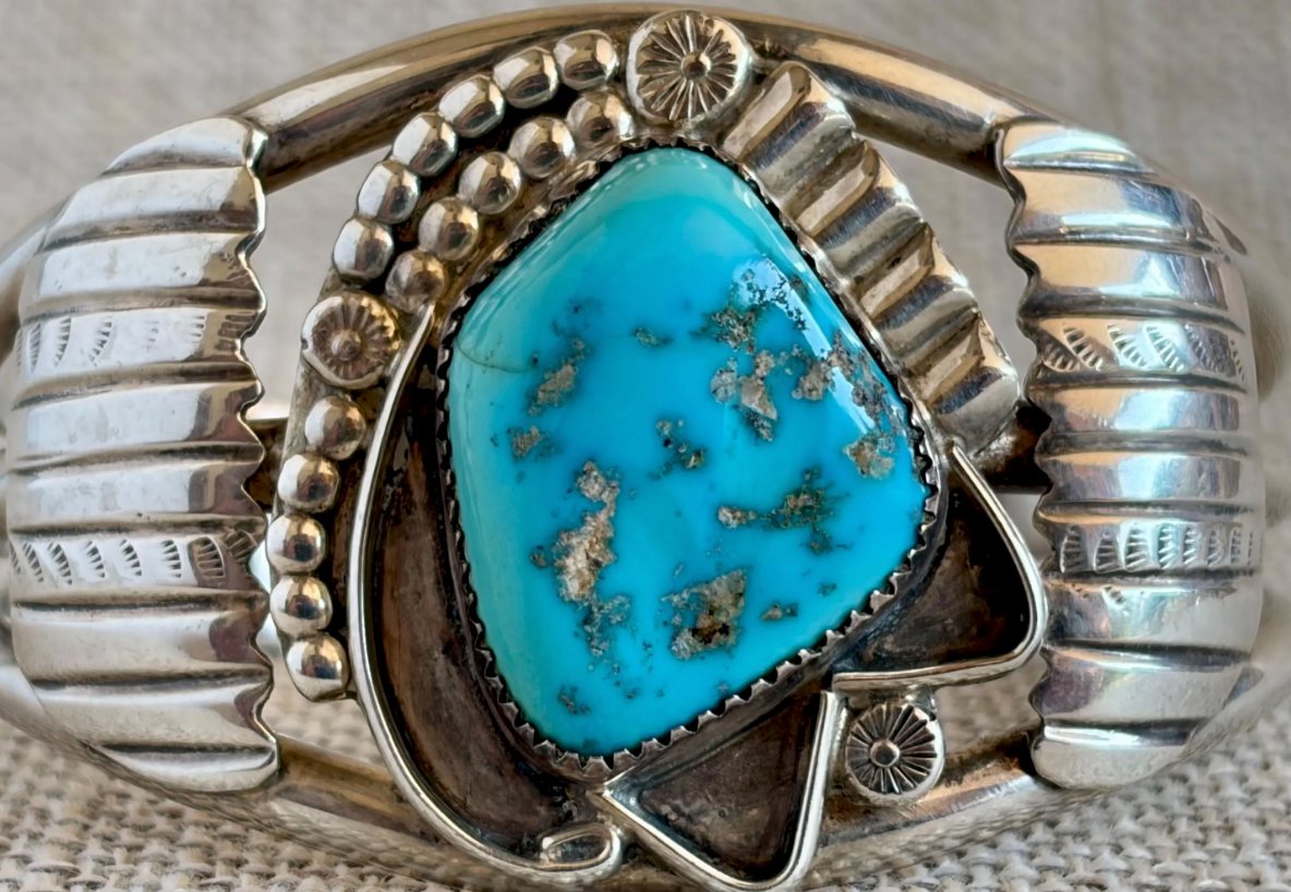 Vintage Natural Turquoise and Sterling Silver Cuff Bracelet Stamped E NUE