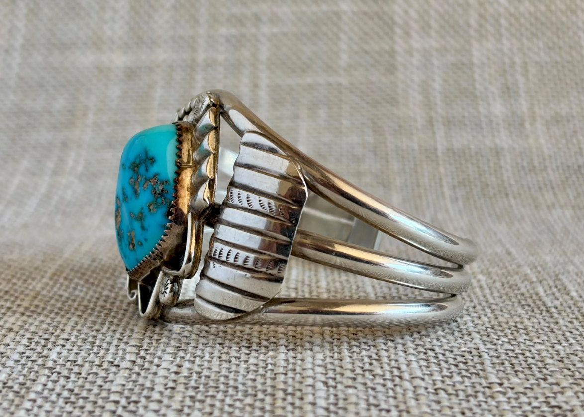 Vintage Natural Turquoise and Sterling Silver Cuff Bracelet Stamped E NUE