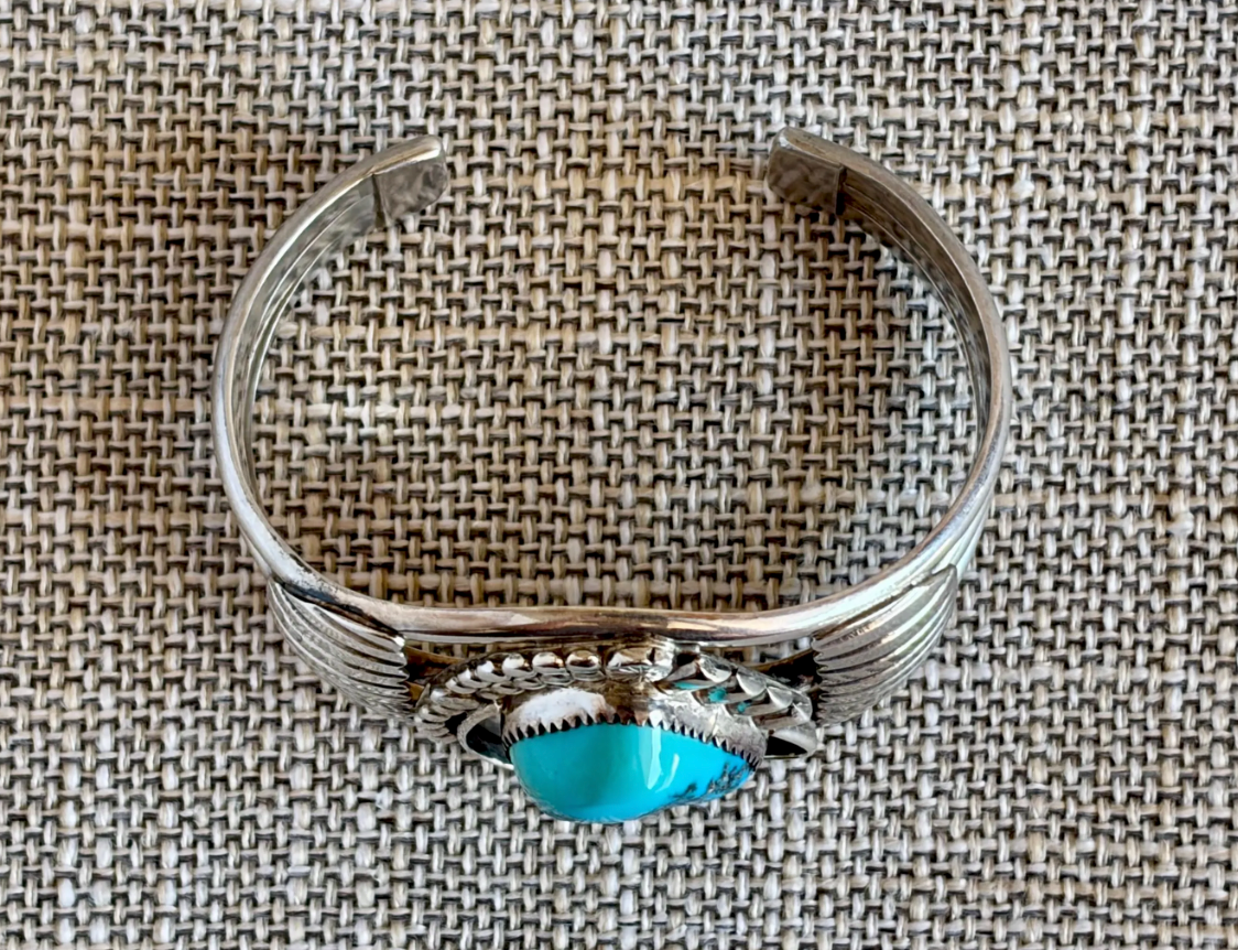Vintage Natural Turquoise and Sterling Silver Cuff Bracelet Stamped E NUE