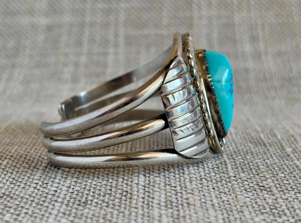 Vintage Natural Turquoise and Sterling Silver Cuff Bracelet Stamped E NUE