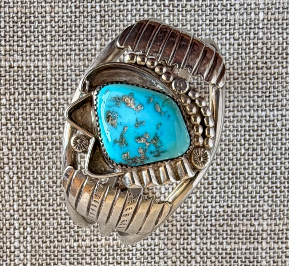 Vintage Natural Turquoise and Sterling Silver Cuff Bracelet Stamped E NUE