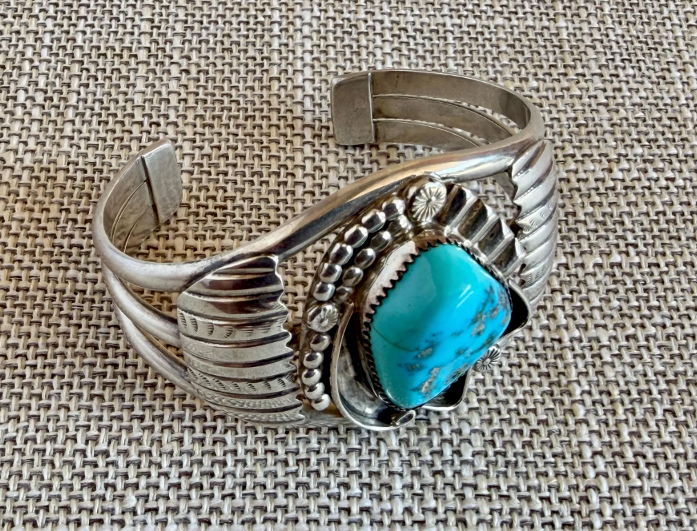 Vintage Natural Turquoise and Sterling Silver Cuff Bracelet Stamped E NUE
