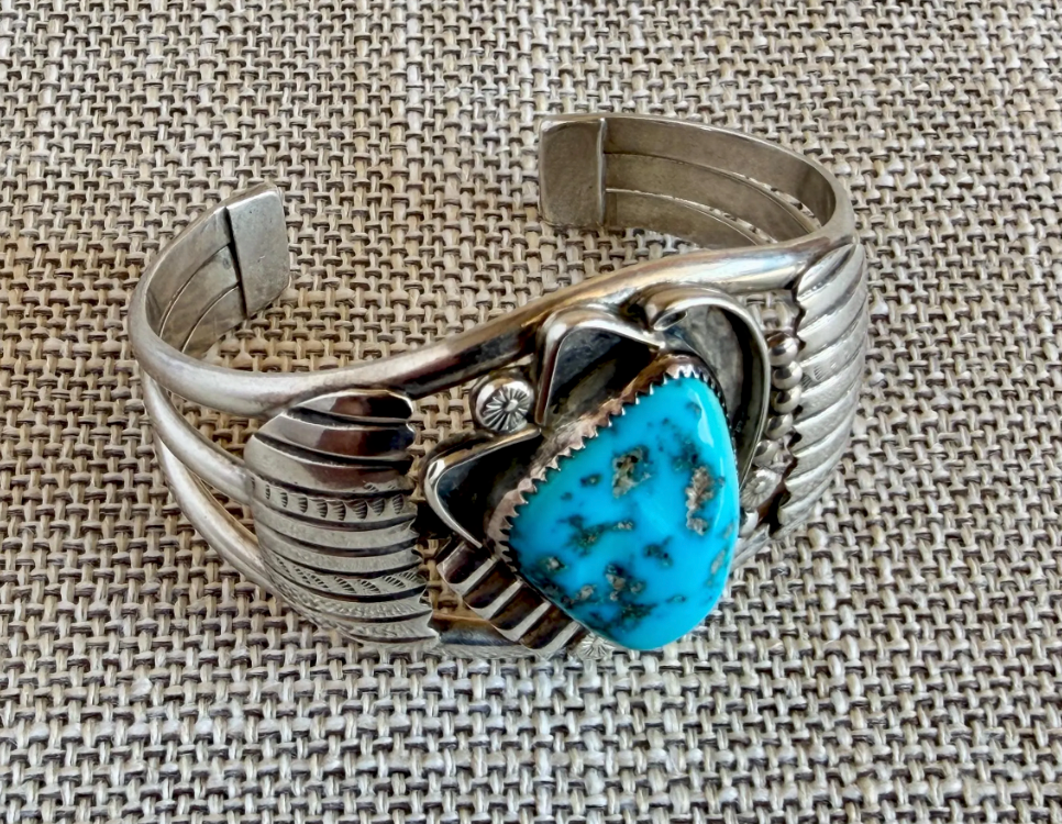 Vintage Natural Turquoise and Sterling Silver Cuff Bracelet Stamped E NUE