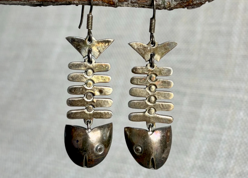 Vintage Mexican Sterling Silver Fish Skeleton Dangle Earrings