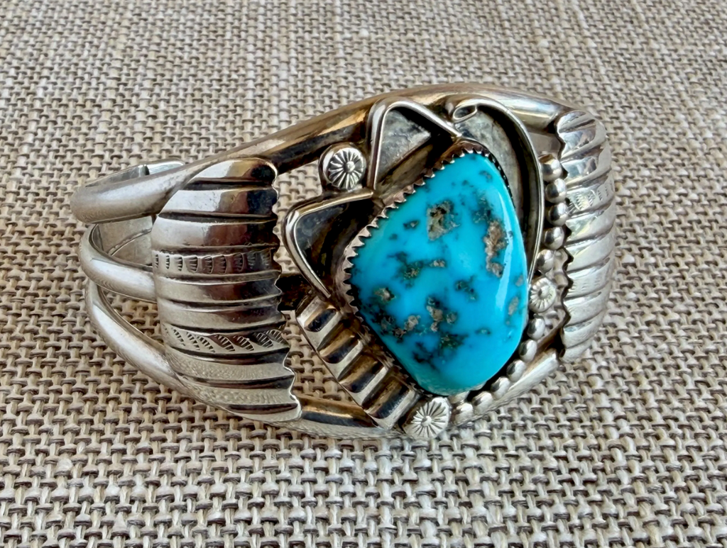 Vintage Natural Turquoise and Sterling Silver Cuff Bracelet Stamped E NUE