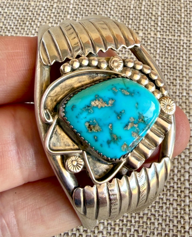 Vintage Natural Turquoise and Sterling Silver Cuff Bracelet Stamped E NUE