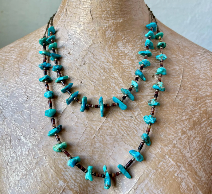 Double Strand Turquoise Nugget and Shell Bead Necklace