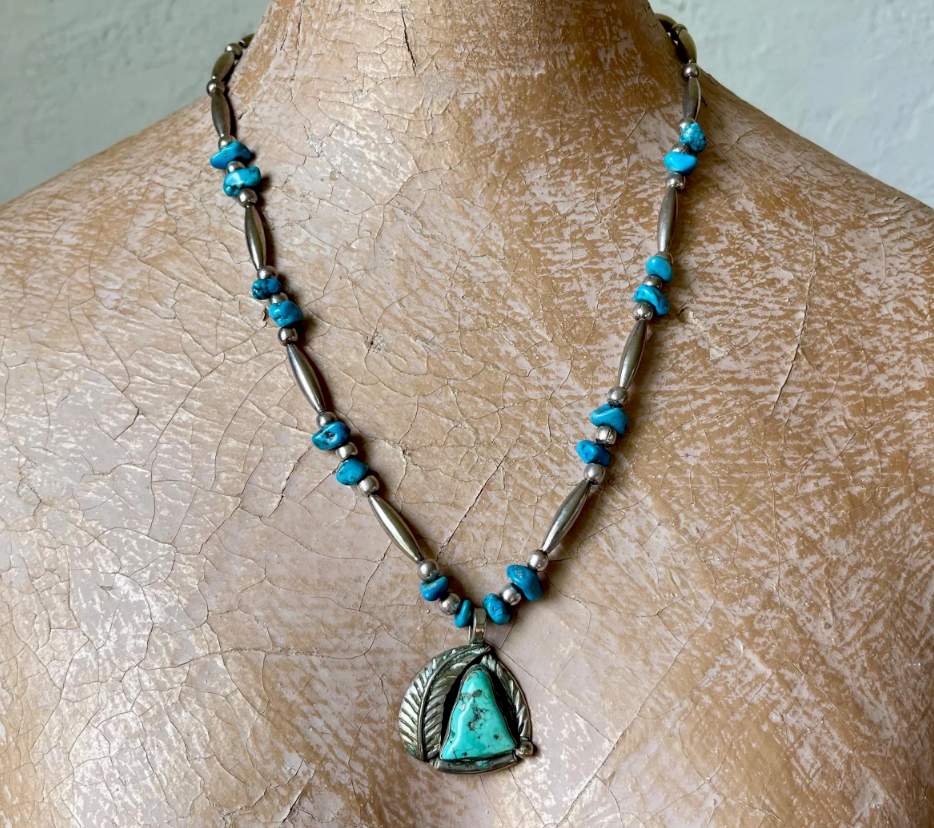 Vintage Turquoise Bead and Sterling Silver Leaf Pendant Necklace