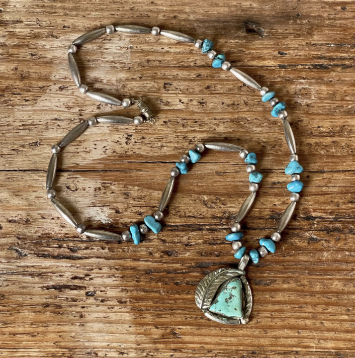 Vintage Turquoise Bead and Sterling Silver Leaf Pendant Necklace