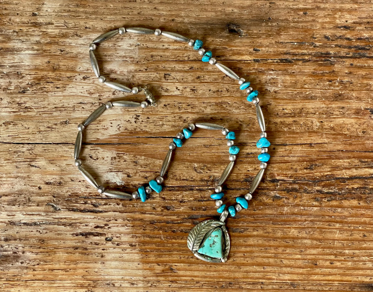 Vintage Turquoise Bead and Sterling Silver Leaf Pendant Necklace