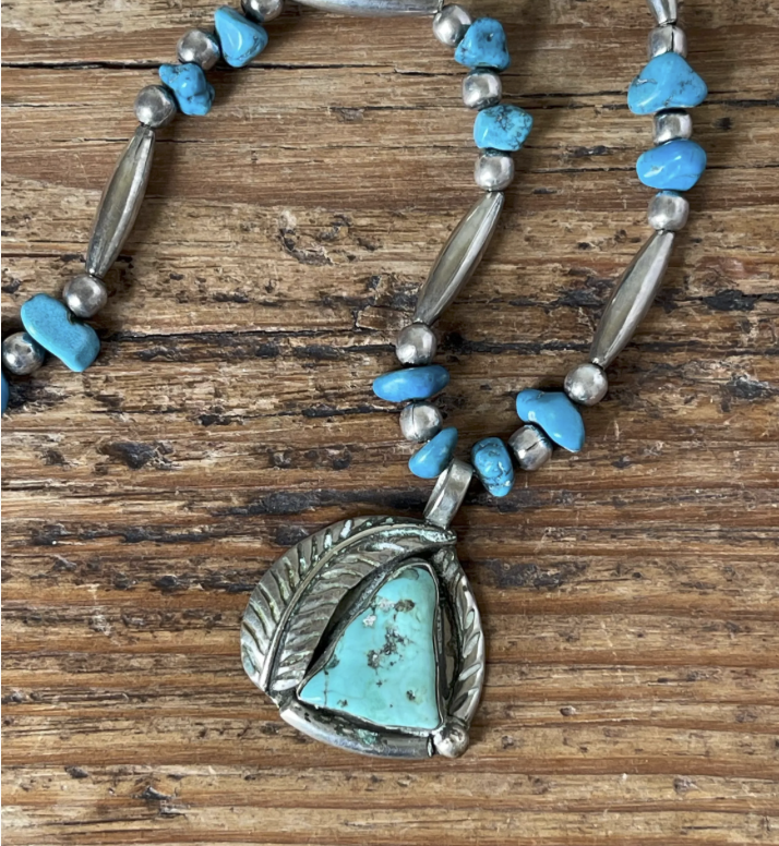 Vintage Turquoise Bead and Sterling Silver Leaf Pendant Necklace