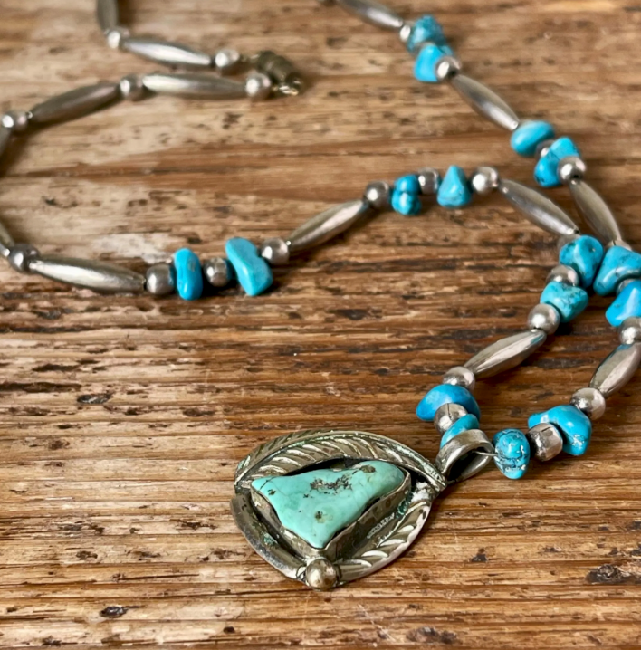 Vintage Turquoise Bead and Sterling Silver Leaf Pendant Necklace