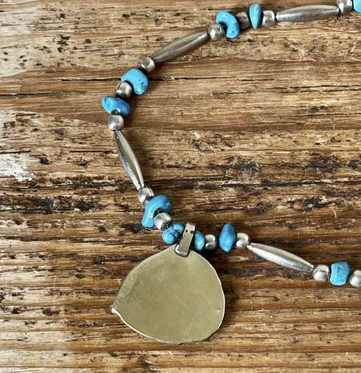 Vintage Turquoise Bead and Sterling Silver Leaf Pendant Necklace