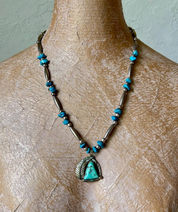 Vintage Turquoise Bead and Sterling Silver Leaf Pendant Necklace