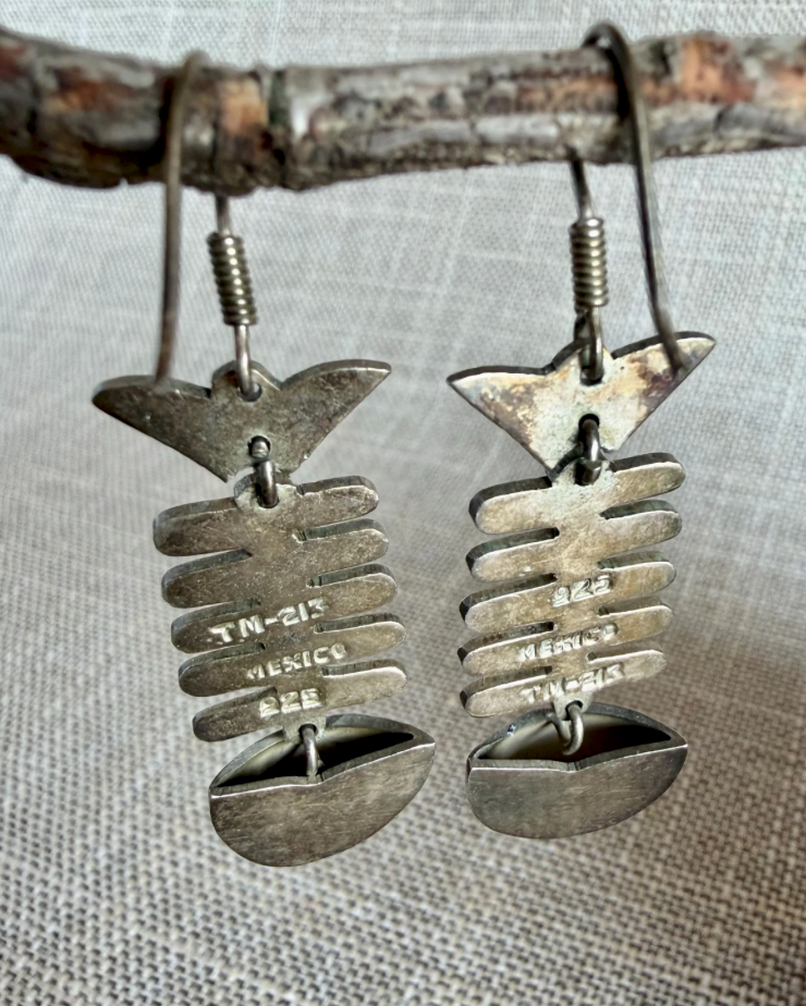 Vintage Mexican Sterling Silver Fish Skeleton Dangle Earrings
