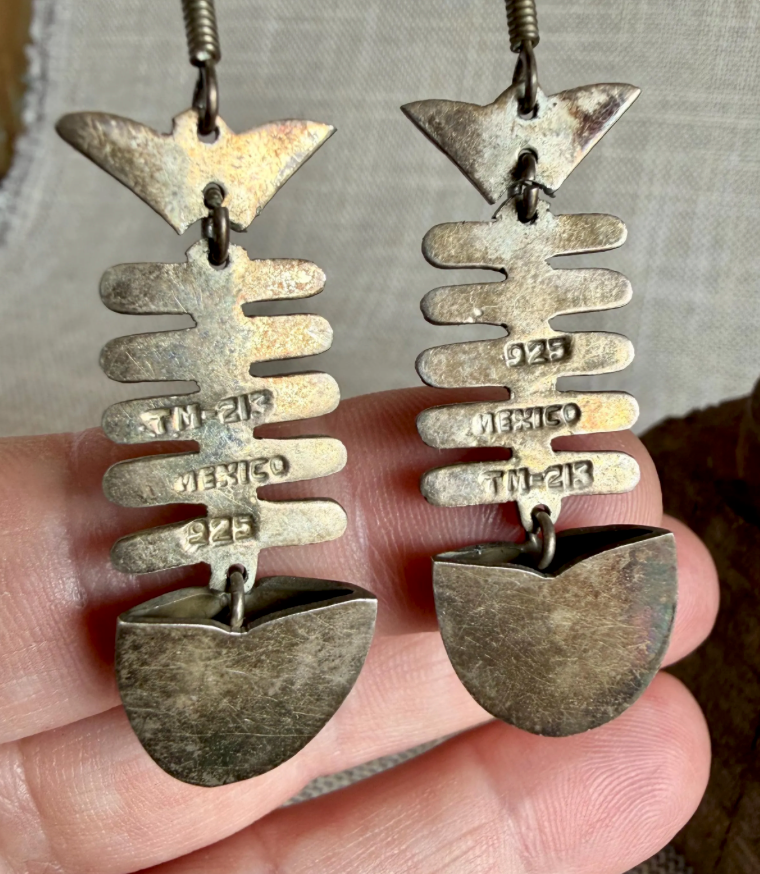 Vintage Mexican Sterling Silver Fish Skeleton Dangle Earrings