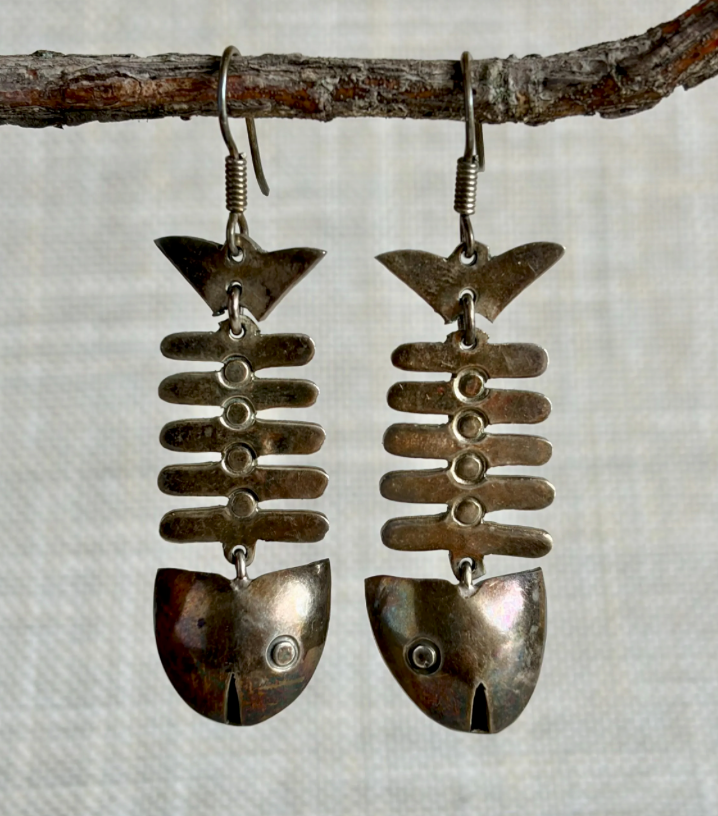 Vintage Mexican Sterling Silver Fish Skeleton Dangle Earrings