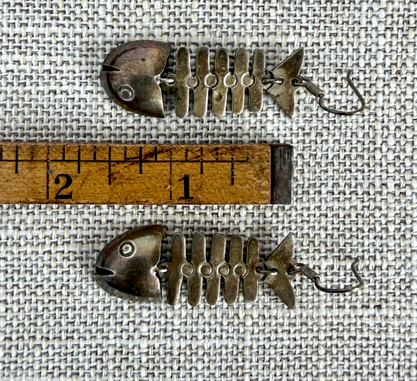 Vintage Mexican Sterling Silver Fish Skeleton Dangle Earrings