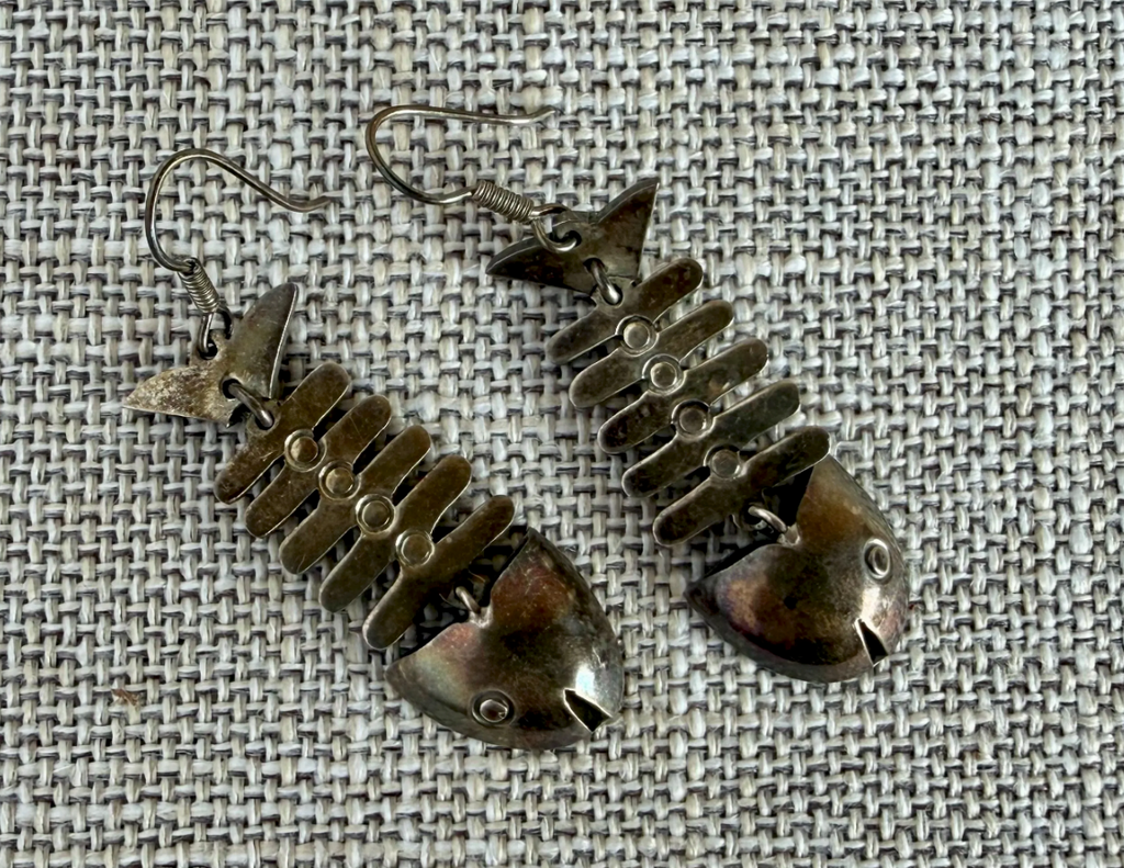 Vintage Mexican Sterling Silver Fish Skeleton Dangle Earrings